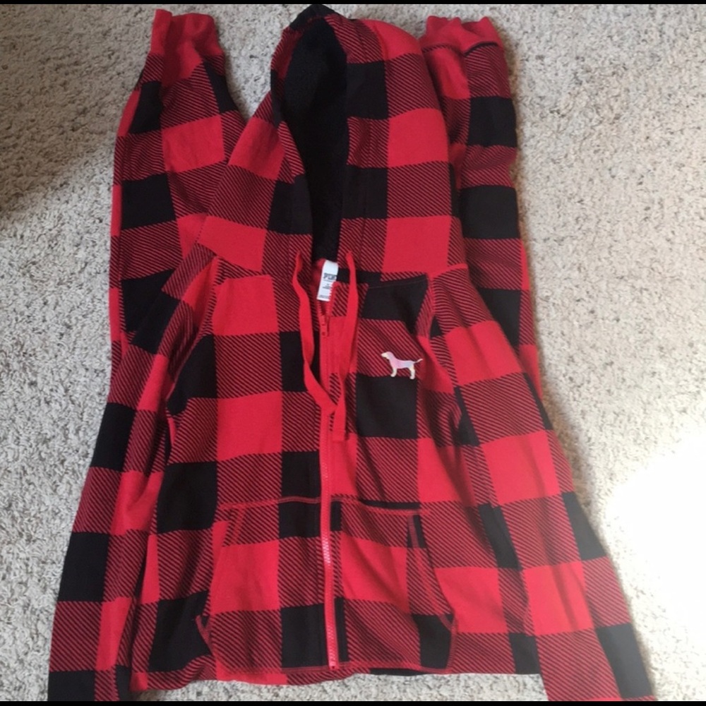 Pink zip up plaid onesie